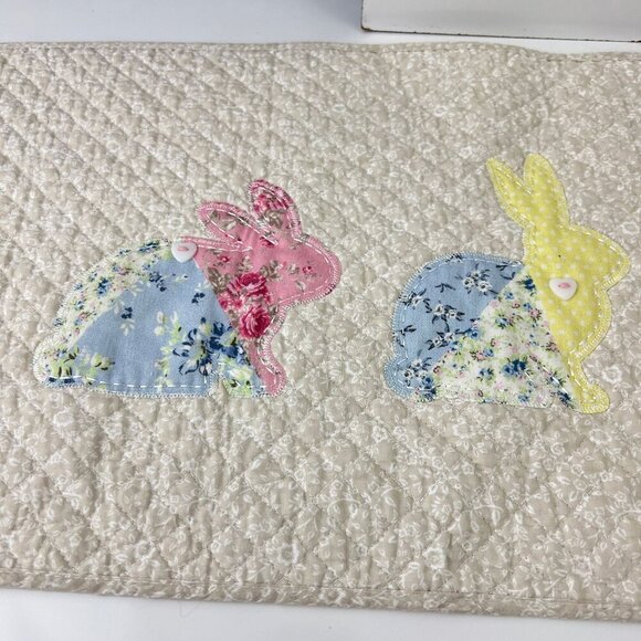 Shabby Chic Quilted Table Runner With Bunny Appliqués 14"x48" Beige With Pastel - Picture 8 of 10